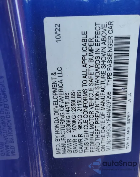 2022 Honda Accord Sport Se из США, поврежденный, VIN 1HGCV1F44NA097298